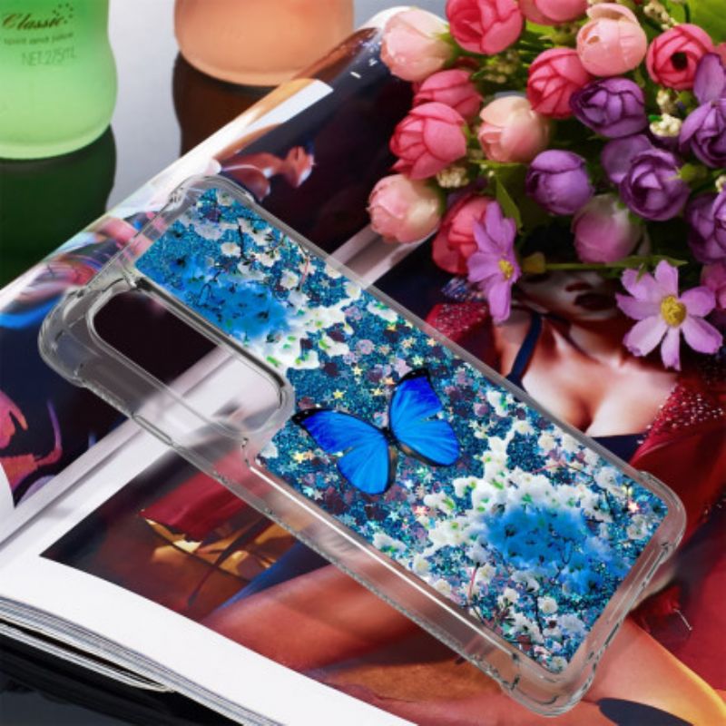 Cover Xiaomi Mi Note 10 Lite Blå Glitter Sommerfugle