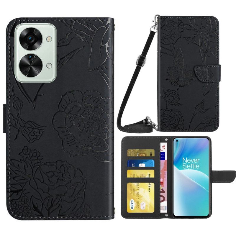 Flip Cover OnePlus Nord 2T 5G Sommerfugle Med Skulderrem