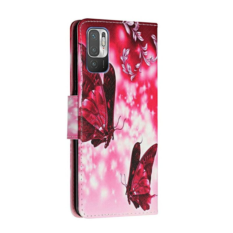 Flip Cover Xiaomi Redmi Note 10 5G / Poco M3 Pro 5G Røde Flyvende Sommerfugle