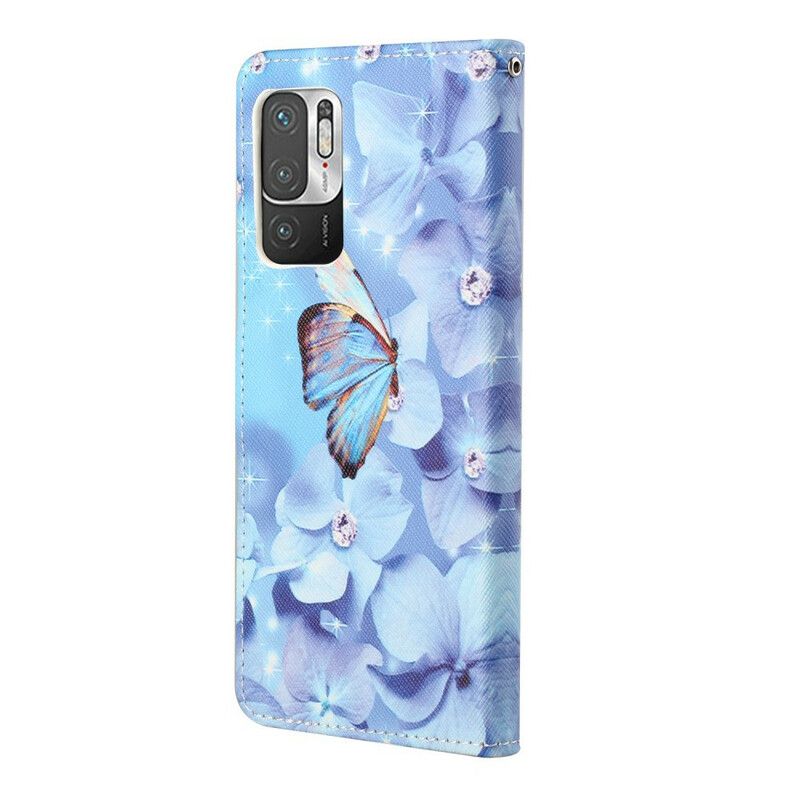 Læder Cover Xiaomi Redmi Note 10 5G / Poco M3 Pro 5G Med Snor Thong Sommerfugle