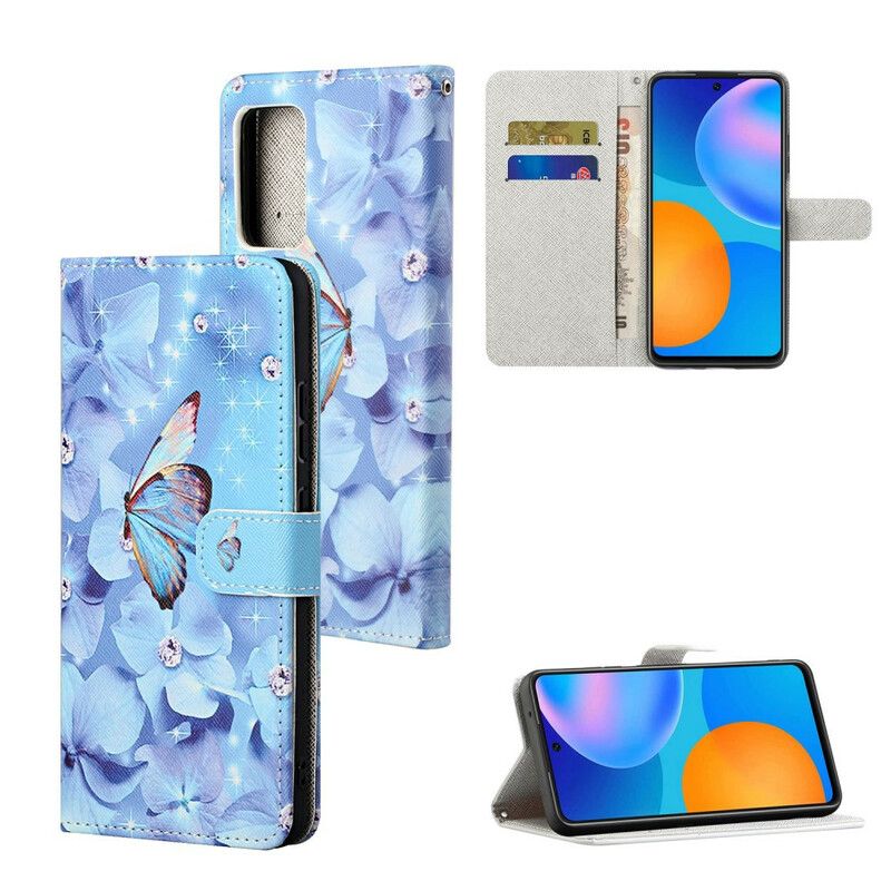 Læder Cover Xiaomi Redmi Note 10 5G / Poco M3 Pro 5G Med Snor Thong Sommerfugle