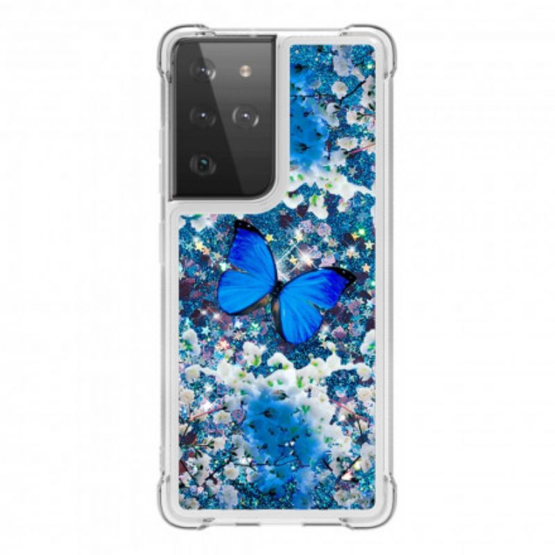 Cover Samsung Galaxy S21 Ultra 5G Blå Glitter Sommerfugle