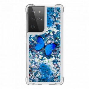 Cover Samsung Galaxy S21 Ultra 5G Blå Glitter Sommerfugle