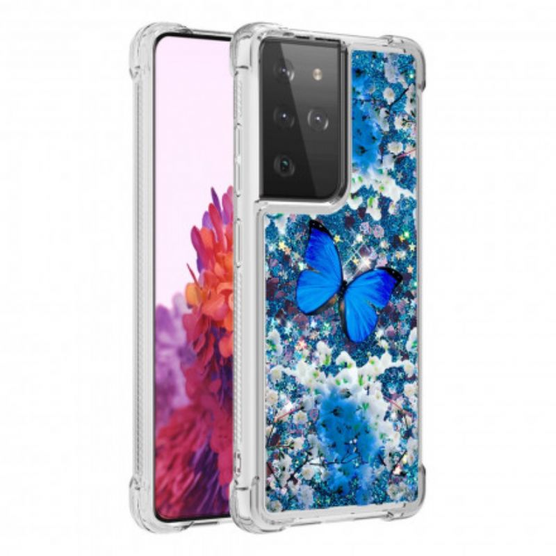 Cover Samsung Galaxy S21 Ultra 5G Blå Glitter Sommerfugle