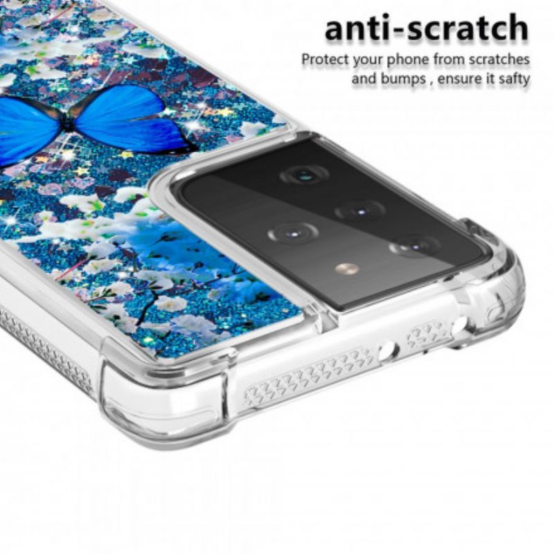 Cover Samsung Galaxy S21 Ultra 5G Blå Glitter Sommerfugle