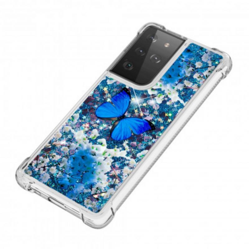 Cover Samsung Galaxy S21 Ultra 5G Blå Glitter Sommerfugle