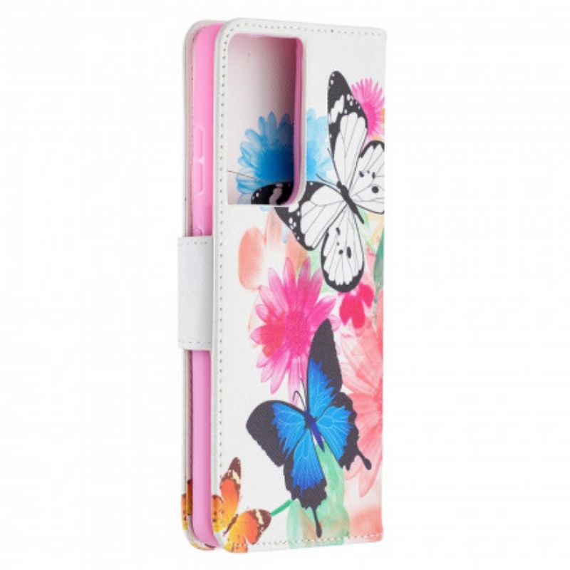 Flip Cover Samsung Galaxy S21 Ultra 5G Malede Sommerfugle Og Blomster