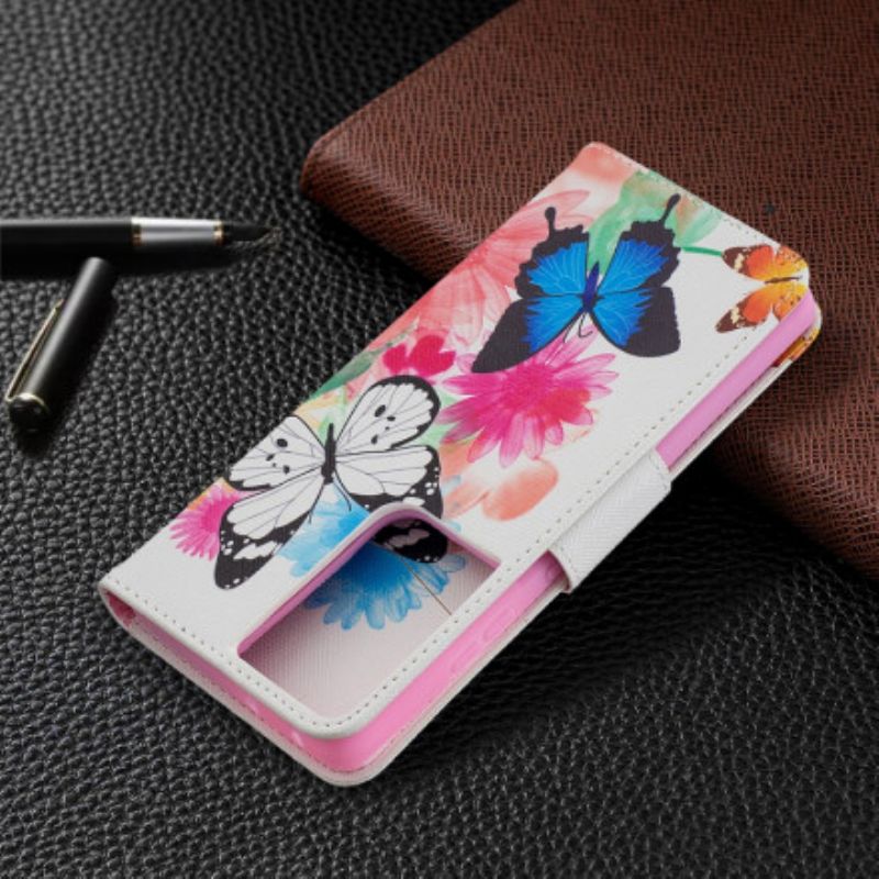 Flip Cover Samsung Galaxy S21 Ultra 5G Malede Sommerfugle Og Blomster