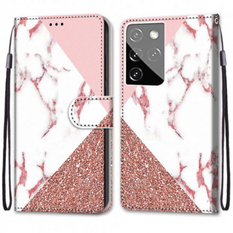 Flip Cover Samsung Galaxy S21 Ultra 5G Marmor Og Glittertrekant