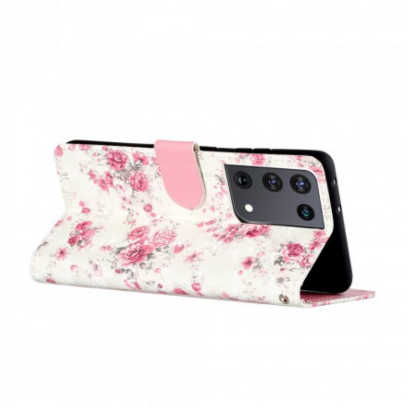 Flip Cover Samsung Galaxy S21 Ultra 5G Med Snor Strop Lys Spot Blomster