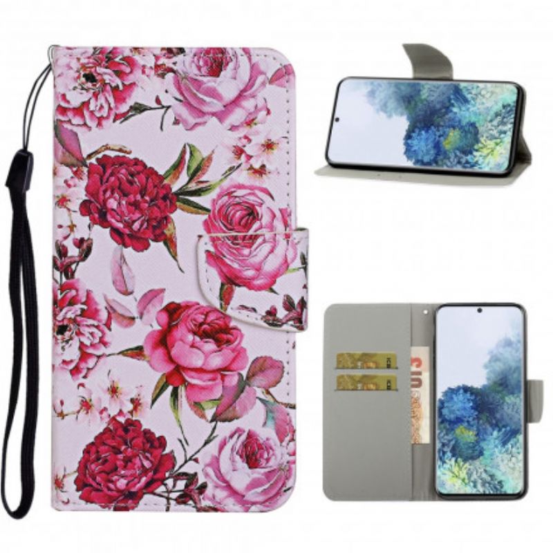 Flip Cover Samsung Galaxy S21 Ultra 5G Mestrede Blomster Med Rem