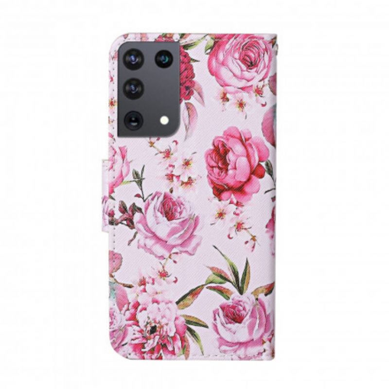 Flip Cover Samsung Galaxy S21 Ultra 5G Mestrede Blomster Med Rem