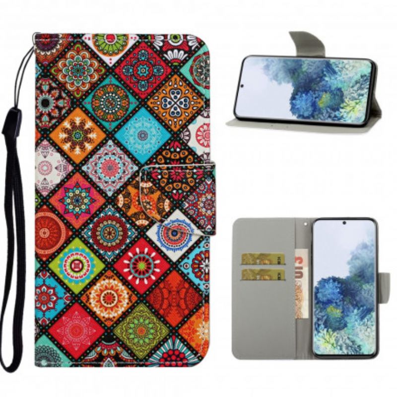 Læder Cover Samsung Galaxy S21 Ultra 5G Patchwork Mandalaer Med Snor