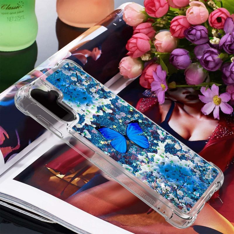 Cover Samsung Galaxy A13 5G Blå Glitter Sommerfugle