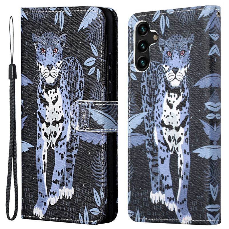 Læder Cover Samsung Galaxy A13 5G Med Snor Thong Leopard