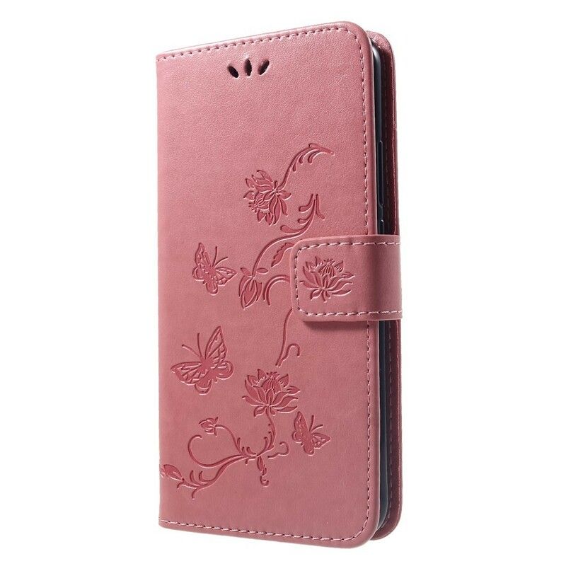 Læder Cover Huawei P Smart Plus Med Snor Thong Sommerfugle Og Blomster