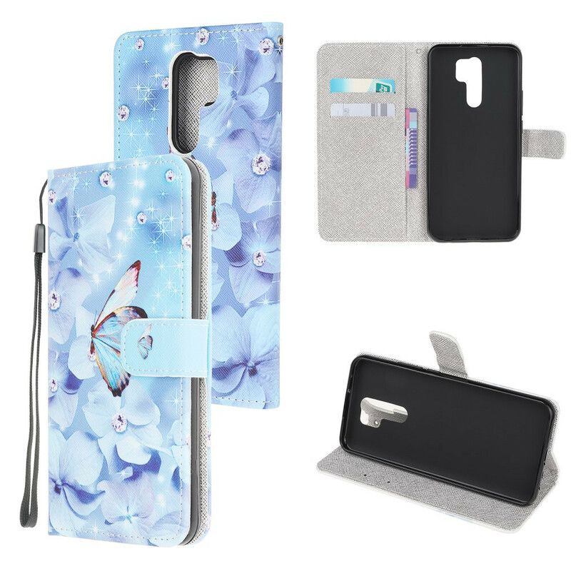 Flip Cover Xiaomi Redmi 9 Med Snor Sommerfugle Med Diamantrem