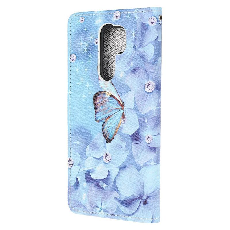 Flip Cover Xiaomi Redmi 9 Med Snor Sommerfugle Med Diamantrem