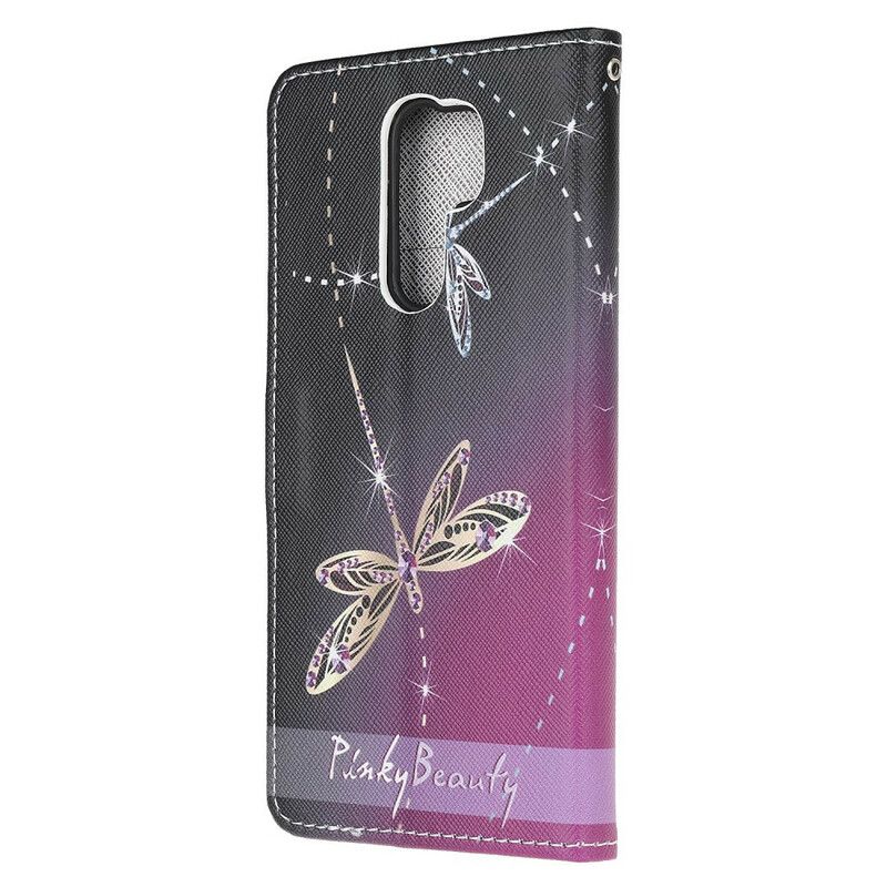 Læder Cover Xiaomi Redmi 9 Med Snor Thong Dragonflies