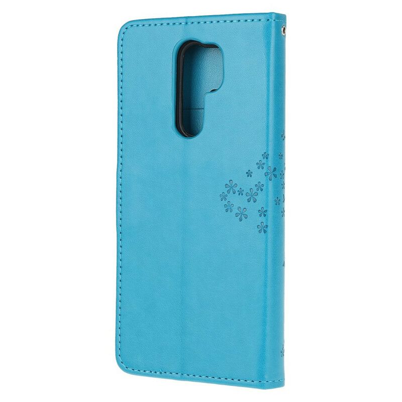 Læder Cover Xiaomi Redmi 9 Med Snor Træ Og Strappy Ugler