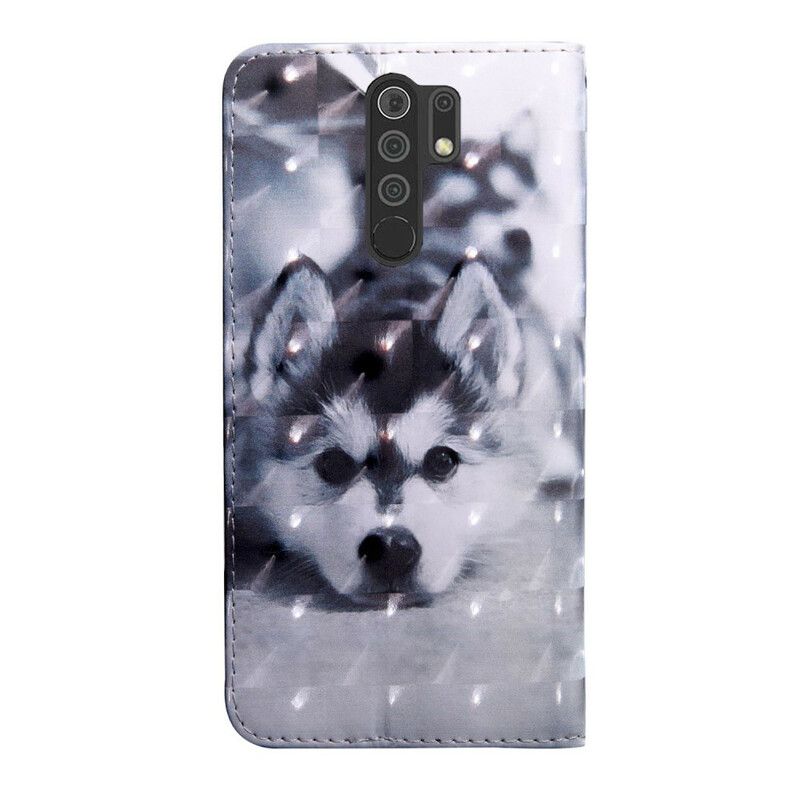 Læder Cover Xiaomi Redmi 9 Sort Og Hvid Hund