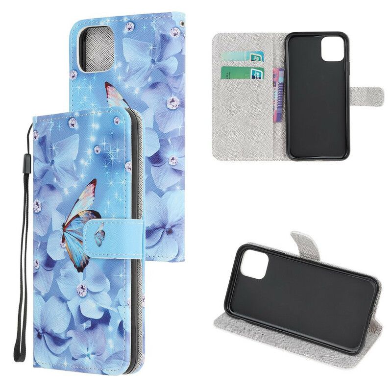 Flip Cover iPhone 12 Mini Med Snor Rem Diamantsommerfugle