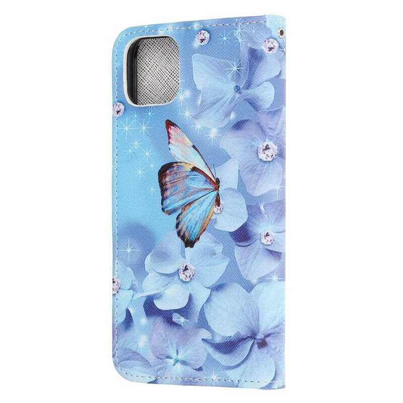 Flip Cover iPhone 12 Mini Med Snor Rem Diamantsommerfugle