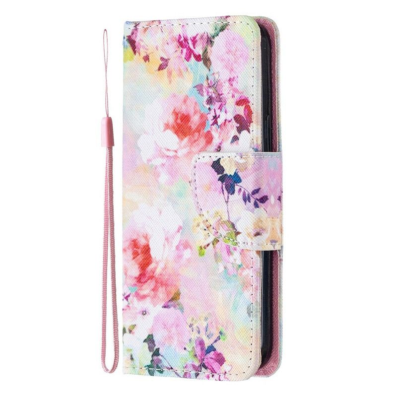 Læder Cover iPhone 12 Mini Med Snor Fantastiske Stropblomster