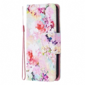 Læder Cover iPhone 12 Mini Med Snor Fantastiske Stropblomster