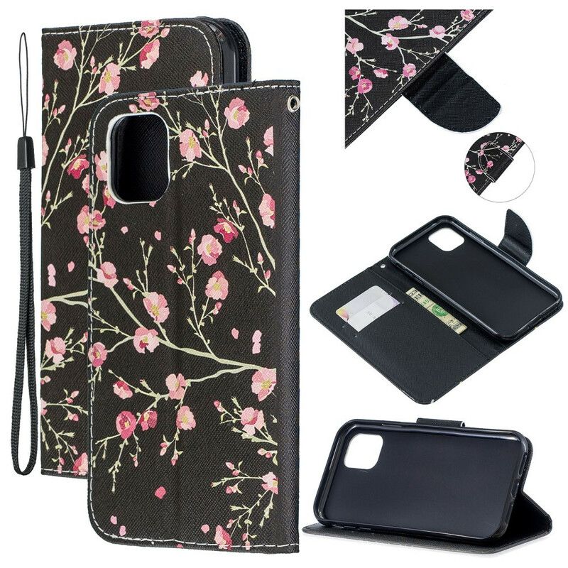 Læder Cover iPhone 12 Mini Med Snor Fantastiske Stropblomster