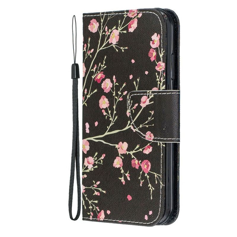 Læder Cover iPhone 12 Mini Med Snor Fantastiske Stropblomster