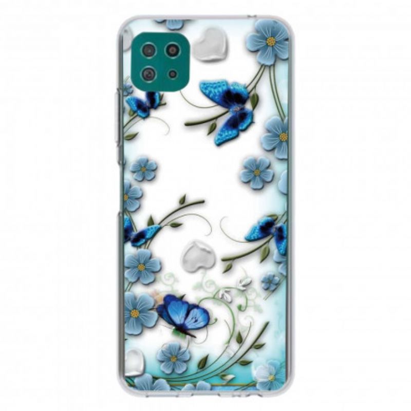 Cover Samsung Galaxy A22 5G Transparente Retro Sommerfugle Og Blomster