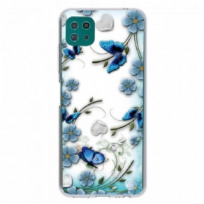 Cover Samsung Galaxy A22 5G Transparente Retro Sommerfugle Og Blomster