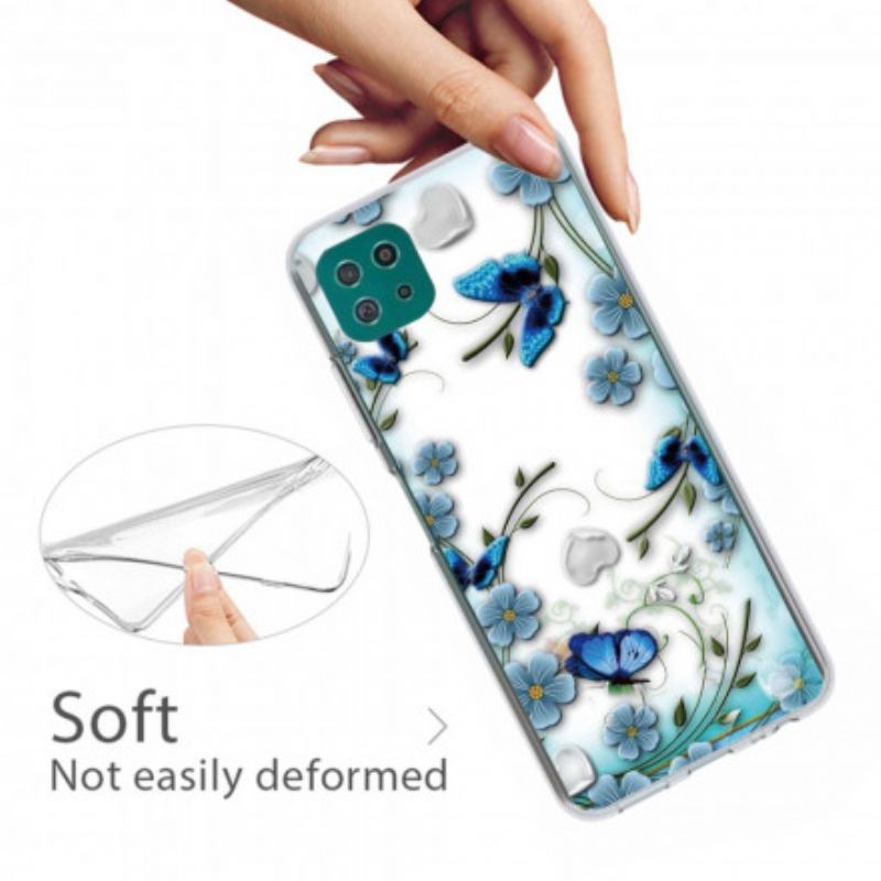 Cover Samsung Galaxy A22 5G Transparente Retro Sommerfugle Og Blomster