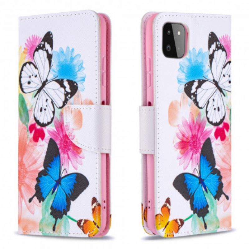 Flip Cover Samsung Galaxy A22 5G Malede Sommerfugle Og Blomster