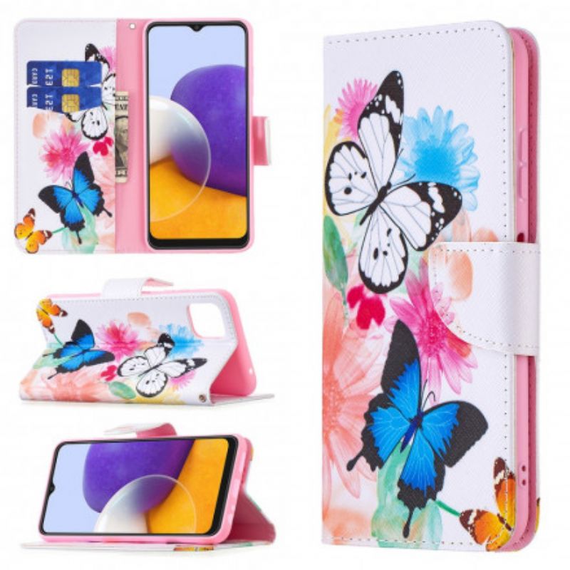 Flip Cover Samsung Galaxy A22 5G Malede Sommerfugle Og Blomster