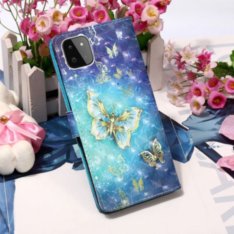 Flip Cover Samsung Galaxy A22 5G Med Snor Gylden Strap Sommerfugle