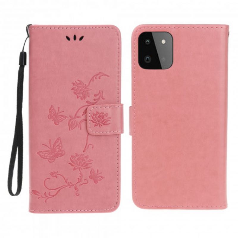 Flip Cover Samsung Galaxy A22 5G Med Snor Thong Sommerfugle Og Blomster