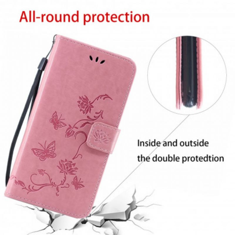 Flip Cover Samsung Galaxy A22 5G Med Snor Thong Sommerfugle Og Blomster