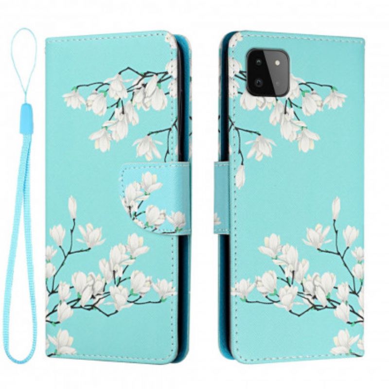 Læder Cover Samsung Galaxy A22 5G Med Snor Thong Blomstertræ