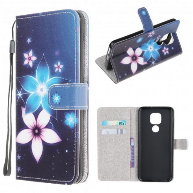 Flip Cover Moto G9 Play Med Snor Lunar Strap Blomster