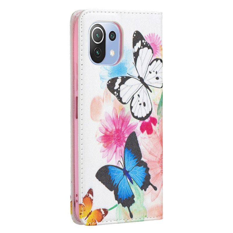 Flip Cover Xiaomi Mi 11 Lite 5G NE / Mi 11 Lite 4G / 5G Malede Sommerfugle Og Blomster