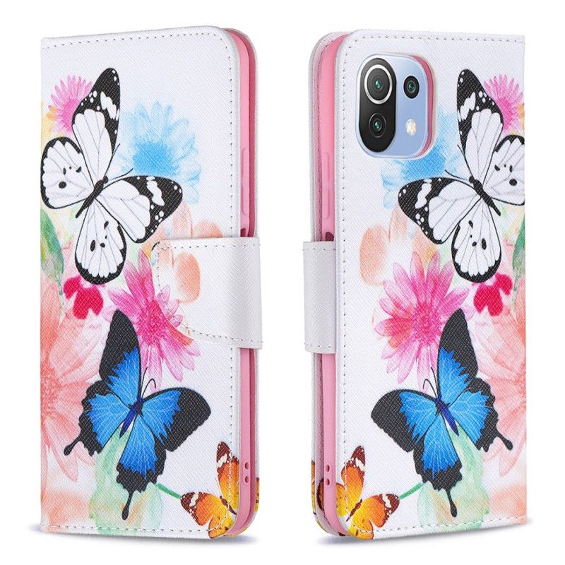 Læder Cover Xiaomi Mi 11 Lite 5G NE / Mi 11 Lite 4G / 5G Malede Sommerfugle Og Blomster