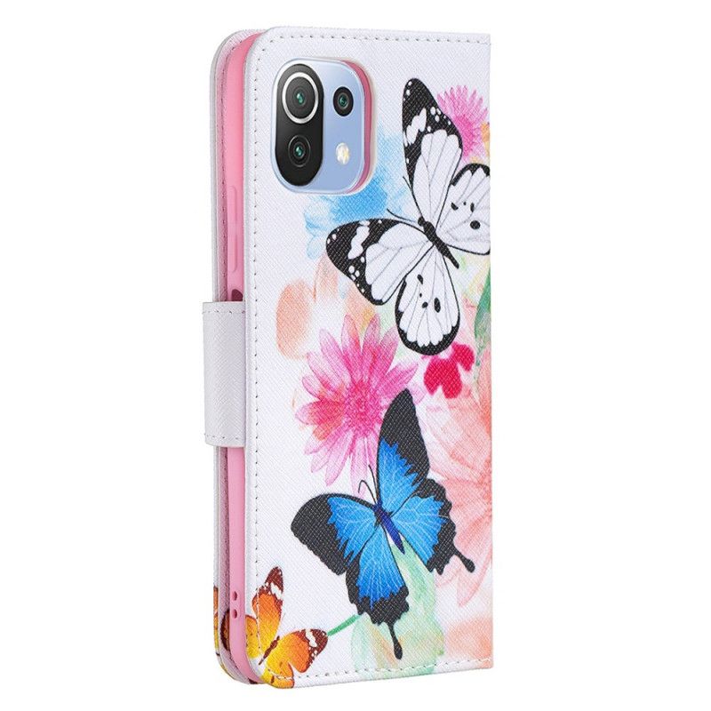 Læder Cover Xiaomi Mi 11 Lite 5G NE / Mi 11 Lite 4G / 5G Malede Sommerfugle Og Blomster