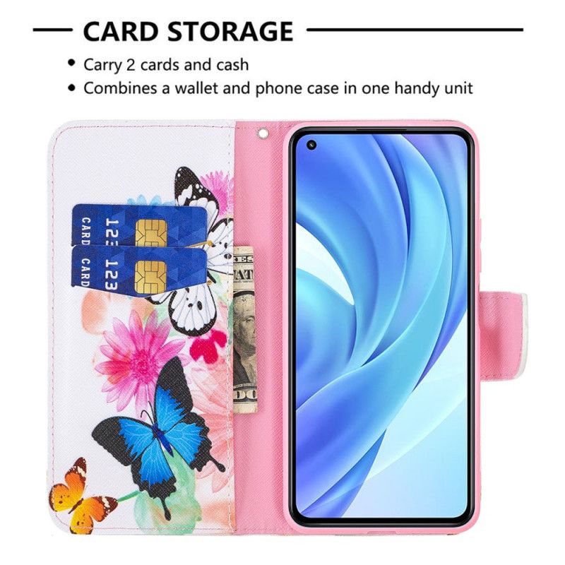 Læder Cover Xiaomi Mi 11 Lite 5G NE / Mi 11 Lite 4G / 5G Malede Sommerfugle Og Blomster