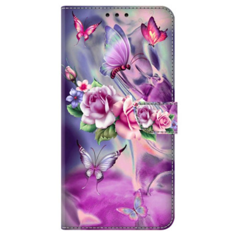 Flip Cover Google Pixel 9 Pro Xl Lilla Sommerfugle Og Blomster