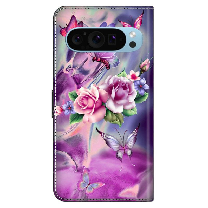 Flip Cover Google Pixel 9 Pro Xl Lilla Sommerfugle Og Blomster