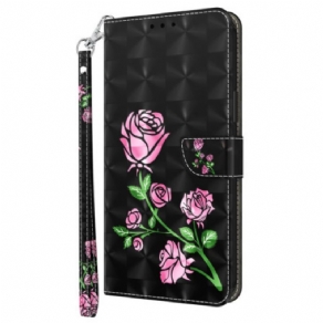 Læder Cover Google Pixel 9 Pro Xl Lyserøde Blomster Med Rem