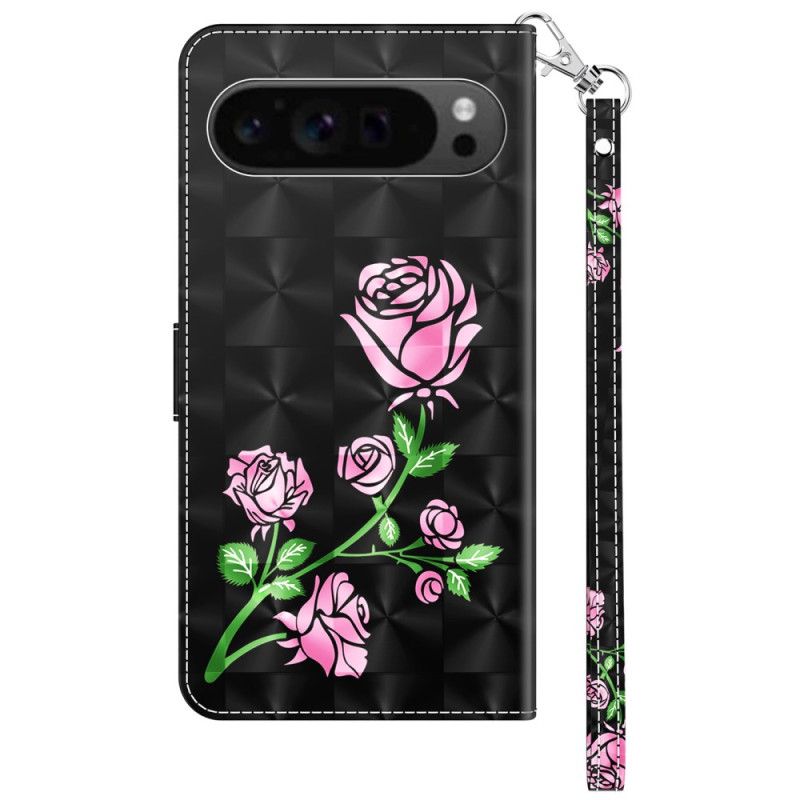 Læder Cover Google Pixel 9 Pro Xl Lyserøde Blomster Med Rem