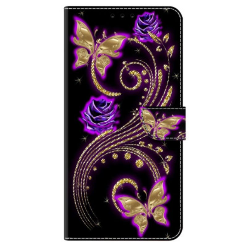 Læder Cover Google Pixel 9 Pro Xl Telefon Etui Violette Blomster Og Sommerfugle